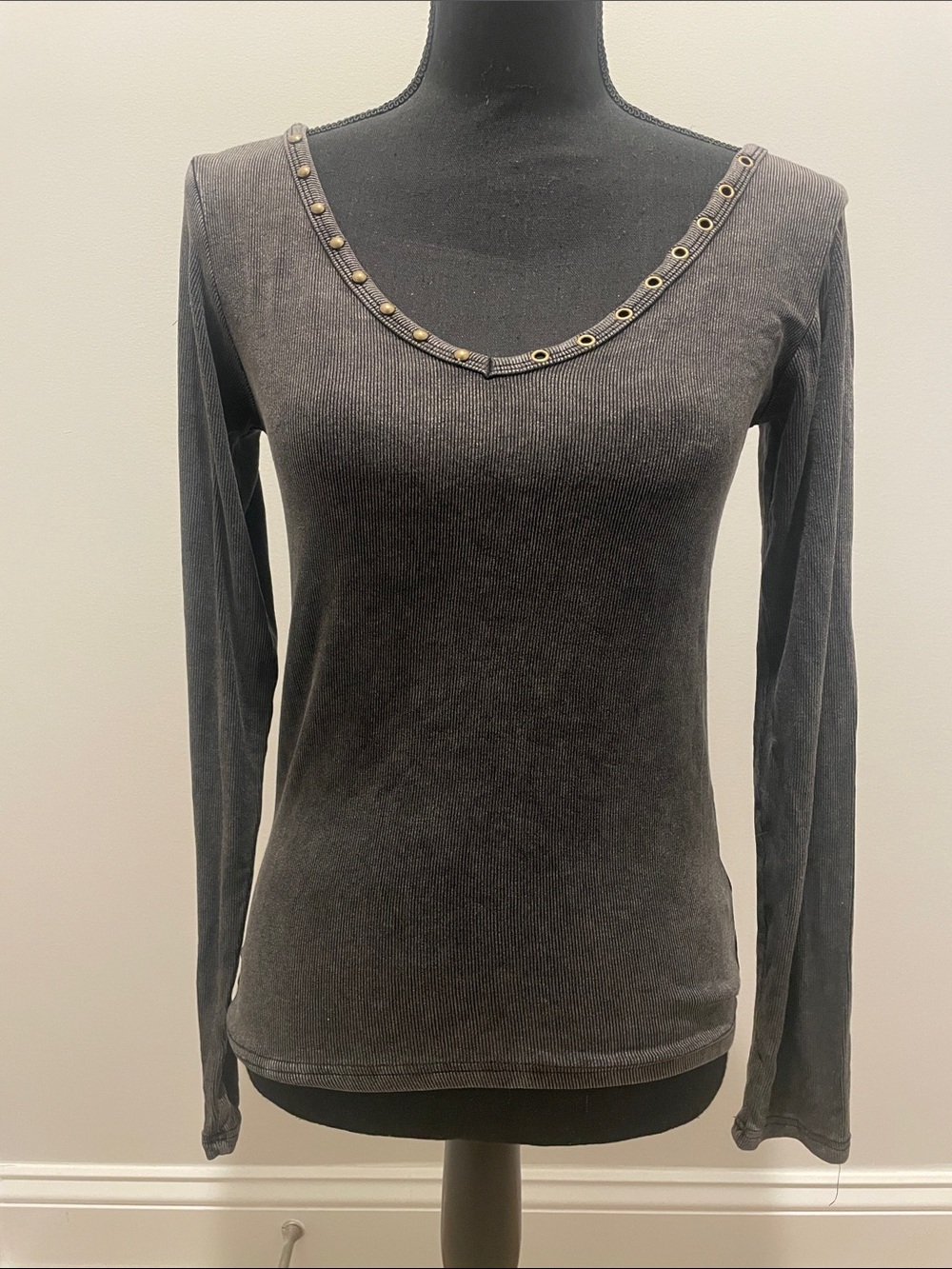 POL Black Long Sleeve Scoop Neck Top with Grommet Trim